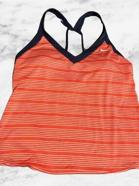 Nike Women's Orange Striped V-Neck One-Piece Swim Tank with Navy Trim